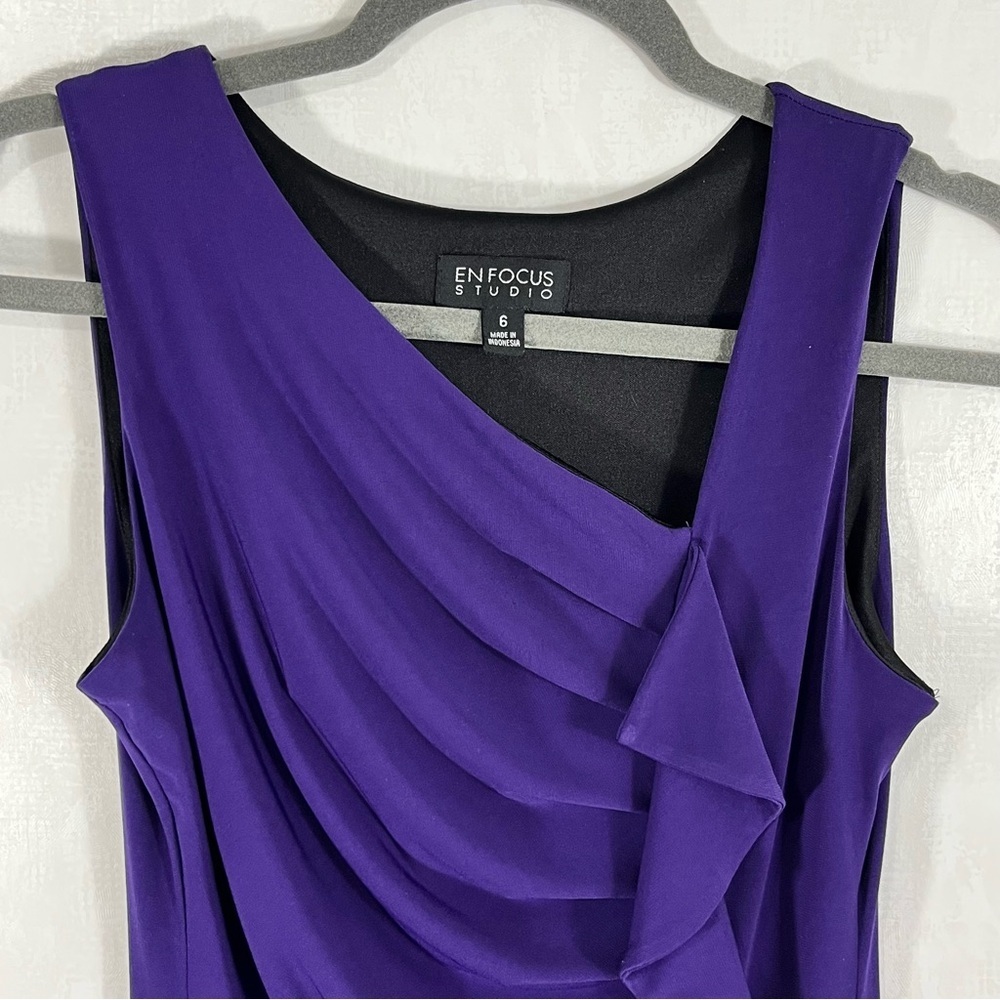 Enfocus Studio Purple Ruched Tank Sundress Midi Dress Side V-Neck Ruffle - Picture 3 of 7